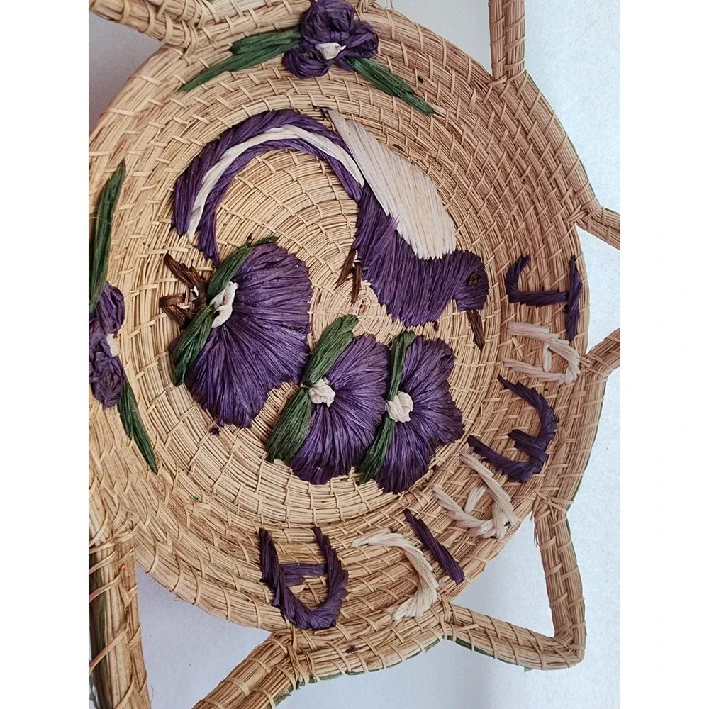 Vintage Jamaica Hand Woven Straw Basket Raffia Embroidered Bird Flower Souvenir